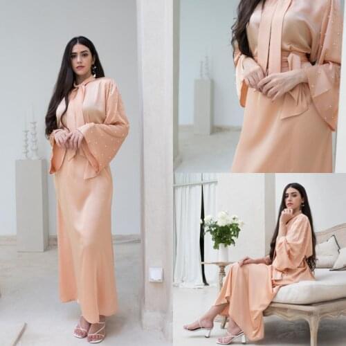 European American Middle East Dubai Smooth Satin Bubble Bead Sleeve Bow Tie Dress Muslim Long Dress Sets