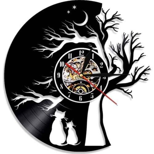 Cats Under The Tree Scenery Vinyl Record LP Clock Cat Vintage Wall Clock Retro Album Home Decor Gift For Kittens Lover Animals