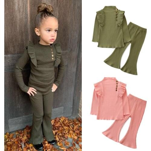 FOCUSNORM 1-6Y Fashion Kids Girls Clothes Sets 2pcs Ruffles Solid Knit Long Sleeve Pullover Tops Flare Pants
