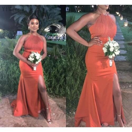 YiMinpwp Orange Mermaid Bridesmaid Dresses Halter Backless Side Split Sweep Train Pleats Wedding Guest Party Gowns Maid of Honor