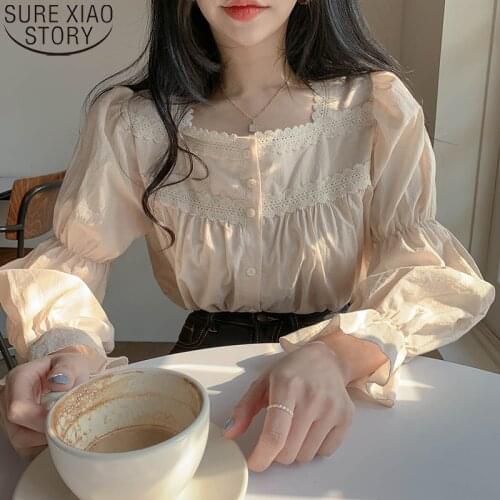 Beige Lace Blouse Vintage Square Collar Women Long Puff Sleeve Shirt Solid Cardigan Sweet Shirt Blusas Clothes Women Tops 11200