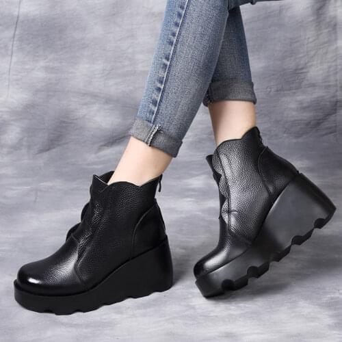 OUKAHUI 2020 Autumn Genuine Leather Black Flat Platform Boots Women Round Toe 8CM High Thick Bottom Warm Winter Boots Women Zip