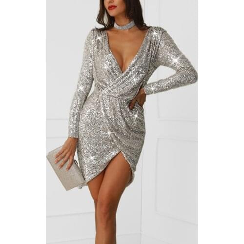 Women Shiny Sexy Sequin Party Dress Silver Glitter Club Dress Long Evening Gown Dress Plunge Wrap Overlap Sequin Party Dress