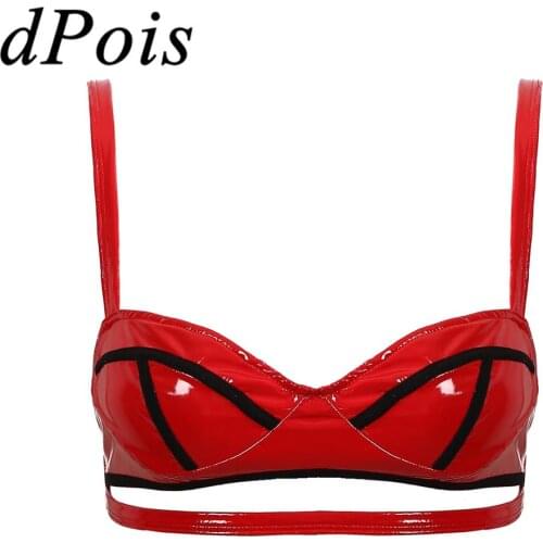 Womens Wet Look Patent Leather Sexy Lingerie Adjustable Straps Cut Out Underbust Famale Wire Free Unlined Bra Top Underewear