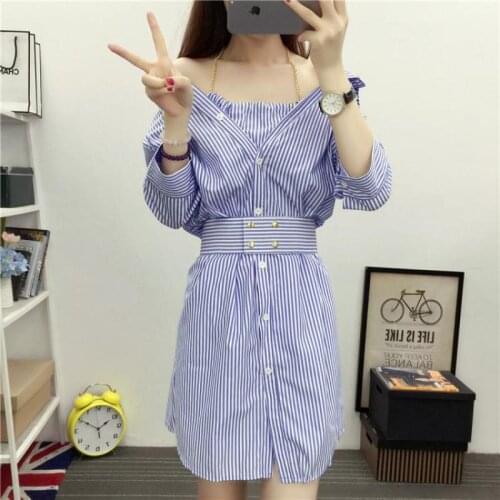 YAN QING HUAN 2018 Summer New Loose Wild Striped Harajuku Ladies Dress Hanging Neck Fake Two-piece Belt Casual Women Loose Dress