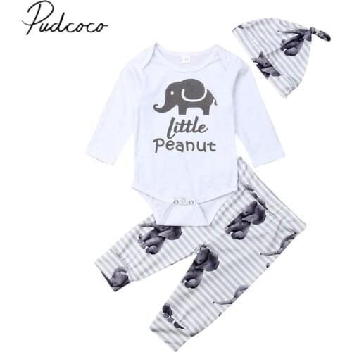2019 Baby Spring Autumn Clothing Newborn Infant Kid Baby Girl Boy Cartoon Elephant Long Sleeve Romper Tops+Pants Hats 3pcs Sets