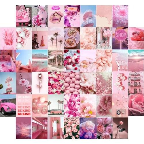 50Pcs Pink Aesthetic Picture Wall Collage Set Aesthetic Posters Postcard Collage Kit Bedroom Decoration For Teen Girls Boys
