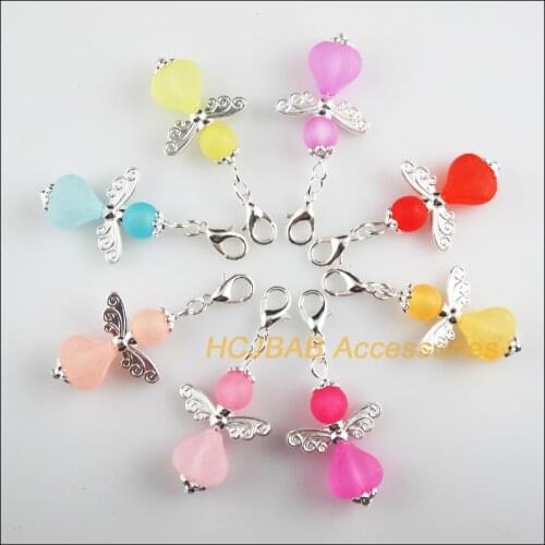 8Pcs Silver Plated Retro Mixed Frosting Heart Acrylic 21.5x33mm Angel With Lobster Claw Clasps Charms