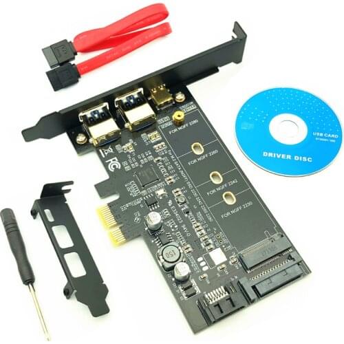 USB 3.0 PCI Express Riser Card Dual Port USB3.0 + 1 Port USB 3.1 Type-C + M.2 NGFF Adapter M2 SATA SSD B Key to PCI-E Controller