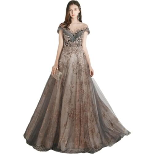 Formal Evening Dresses 2020 Robe De Soiree Noble Off The Shoulder Beaded Sequins Appliques Banquet Prom Gown Lace Up Host Dres