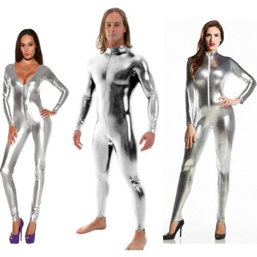 Custom crotch zipper Sliver Shiny Lycra Spandex Shiny Purple womens Unitard Catsuits Metallic Footed Zipper Zentai Bodysuit
