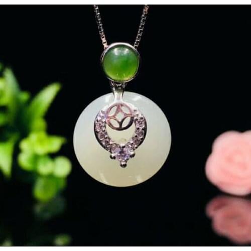 Beautiful 925 Sterling Silver White HeTian Jade Round + Heart Design Lucky Pendant + Chain Necklace Fine Jewelry Charm Gift