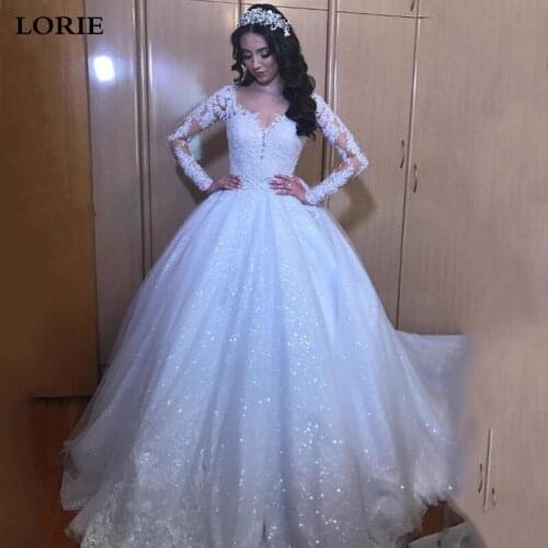 LORIE 2020 Robe de soiree Glitter Tulle Wedding Dress Ball Gowns Boho Lace Long Sleeve Bridal Dress Free Shipping