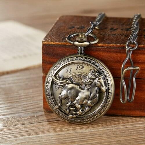 Horse Animal Hollow Design Mechanical Pocket Watch Mens Women Necklace Pendant FOB Chain Steampunk Pocket Watches Dropshipping