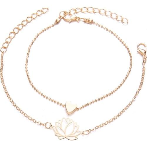 Simple 2 Pcs/Set Hollow Out Lotus Flower Bracelets Romantic Womens Heart-shaped Gold Hand Chain Fashion Party Jewelry Gift