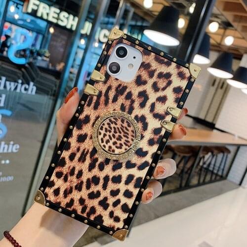 Luxury Shiny Leopard Texture Phone Case for Huawei Mate 40 30 20 RS Y7 Y9 Y6 Pro Prime 2019 Square Ring Holder Back Cover