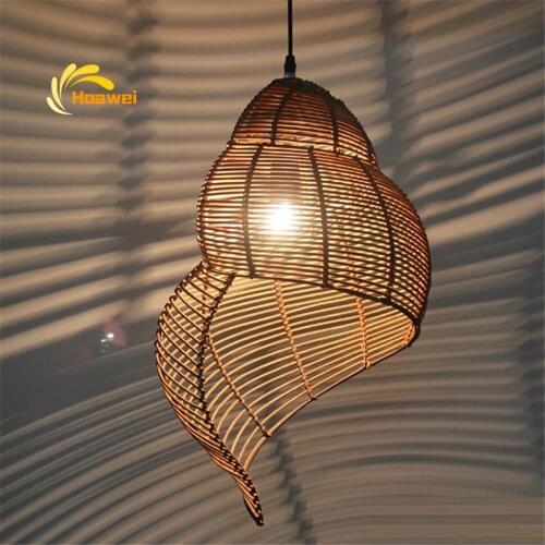 Southeast Asia Bamboo LED Pendant Lamp Sea Snail Shape Wicker Rattan Lamp Indoor Lighting Chinese Parlor Pendant Lights for Home