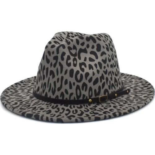 Womens Flat Brim Wool Felt Jazz Fedora Hat Mens Womens Leopard Print Leather Band Decoration Trilby Panama Hat F97