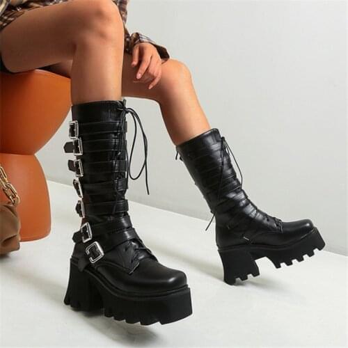 PXELENA Buckle Punk Gothic Chunky Block High Heel Platform Boots Women PU Leather Motorcycle Biker Combat Boots Winter Shoes 44