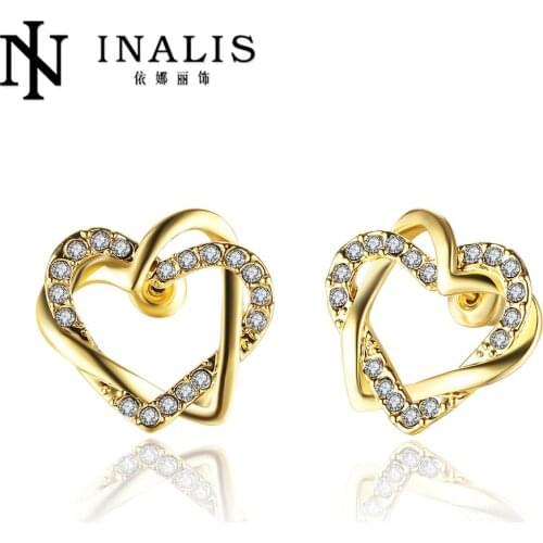 INALIS Hollow Love Heart Cubic Zirconia Rose Gold Color Stud Earrings CZ Stone Fashion Jewelry For Women Earring Wholesale E747
