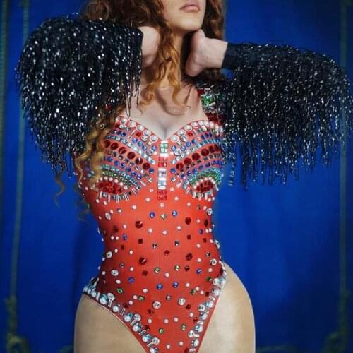 Sexy Glitter Multicolor Rhinestones Rompers Sequins Fringe Sleeve Jumpsuit Women Dance Bodysuit Nightclub Bar Outfit Singer Wear