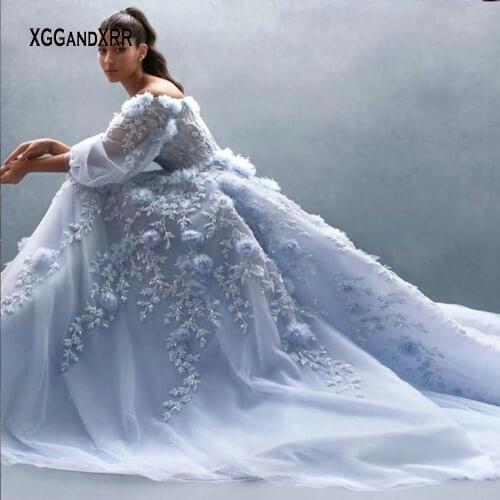 Elegant Blue Long Prom Dress 2021 Puffy Long Sleeves Lace Applique Flower Lady Formal Evening Gown Birthday Party Pageant Gala