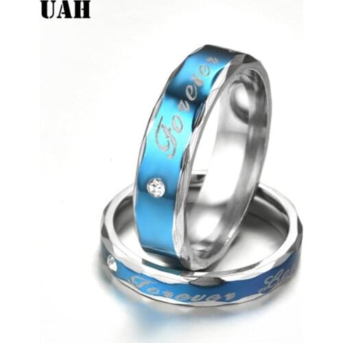 UAH Engrave Forever Love Letter Zirconia Couple Promise Wedding Rings Never Fade Stainless Steel Engagement Ring Women