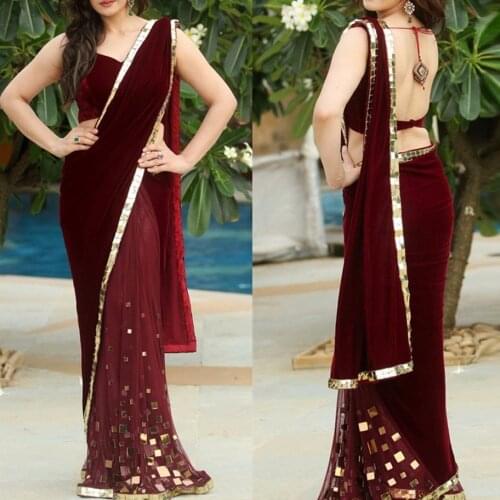 Burgundy Velour Saree Mermaid Evening Dresses 2021 Sexy Backless Long Prom Gowns V-neck India Party Dress Robe De Soiree