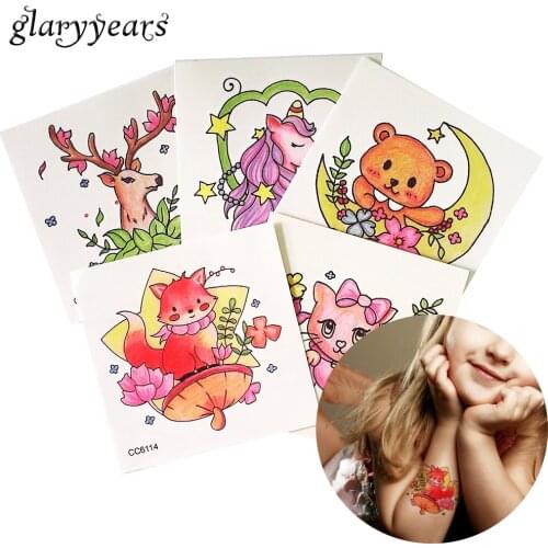 Glaryyears 6*6cm 5 Pieces/set Children Animal Tattoo Cute Cartoon Cat Fox Image Decal Temporary Body Art Tattoos Sticker Colored