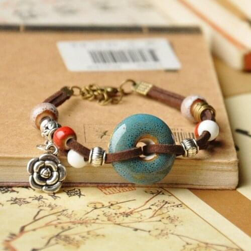 SEA MEW Fashion Metal Alloy Ceramic Bracelet Adjustable Porcelain Bead Rope Bangles For Women Charm Bracelets Girls Gift