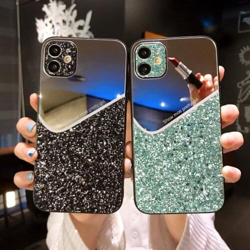Luxury Cute Colorful Bling Glitter Glass Phone Case For iPhone 12 11 Pro Max XSmax XR X SE 8 7 Plus Makeup Mirror Silicone Cover