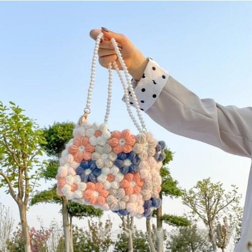 Daisy Flowers Hand-woven Womens Bag Pearls Chain Shoulder Messenger Bags Crochet Knitted Handbag Clutch