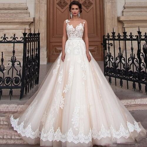Scoop Illusion Wedding Dresses Long Lace Applique Beading Waist Sweep Train Bridal Gown Dress with Detachable Beading Sash