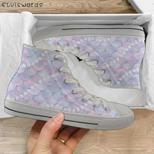 ELVISWORDS Beautiful Fish Scales with Pearls Teenage Vulcanized Classic High Top Canvas Shoes Breathable Lace-up Ladies Sneakers