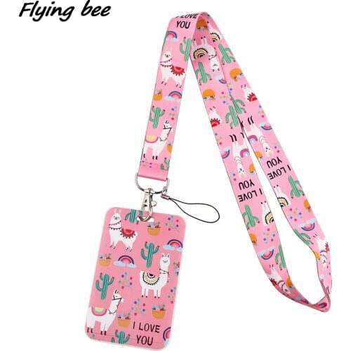 Flyingbee Pink Cute Alpaca Lanyard Card ID Holder Car KeyChain ID Card Pass Gym Mobile Phone Badge Key Ring Holder Jewelry X1503