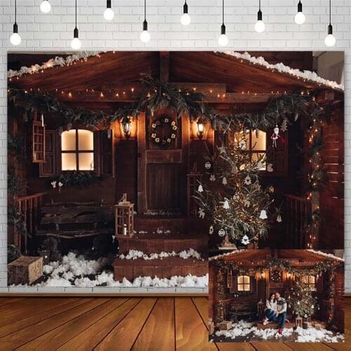 Winter Christmas Tree Backdrop Wooden House Window Wreath Santa Snow XMAS Kid Photography Background Photostudio Photozone Decor