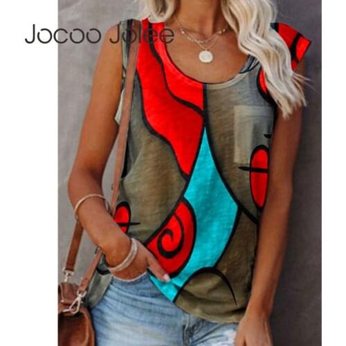 Jocoo Jolee Women Casual Hit Color Geometry Sleeveless T Shirts Vintage Harajuku O Neck Tank Tops Summer Streetwear Vest