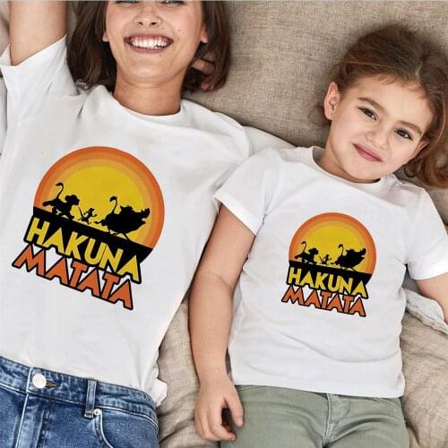 Cartoon T Shirt Summer Short Sleeve Casual White O-neck Tshirts Hakuna Matata Printed Simba T-shirts Matching Family Tee Shirts