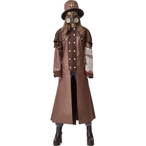 Plague Doctor Costume Bird Beak Steampunk Leather Overcoat Halloween Jacket Boody Outfit Scary For Adult Men Women Mask+Hat