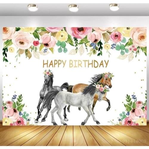 Beautiful Flowers Running Horse Happy Birthday Backdrops Party Decor Newborn Baby Shower Girl Princess Backgrounds Photography