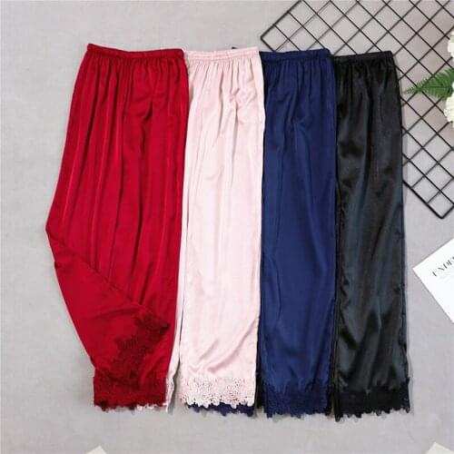 Red New Style Womens Long pants Spring Summer Casual Silky Home Wear Sleep Pyjama Bath Trousers M-XL