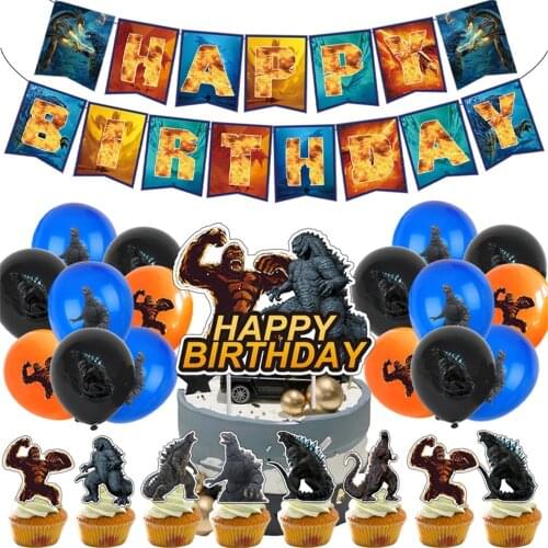 Monster Vs Kong First Birthday Boy Party Godzila Chimpanzee Birthday Table Decoration Banner Cake Topper Tablecloth Blue Balloon