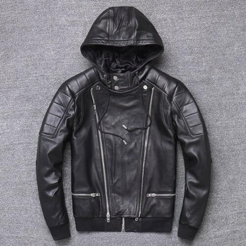 Mens Genuine Leather Jacket Sheepskin Leather Hooded Baseball Uniform Spring Autumn Short Leather Jacket Large size 5XL