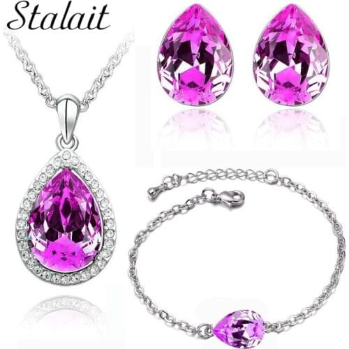 Fashion Wedding Bridal Necklace Earrings Bracelet Jewelry Sets Simple Charm Water Drop Crystal Jewelry Sets