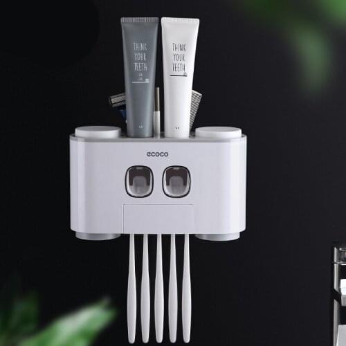 ToothBrush Holder Wall Mount Toothpaste Squeezer Bathroom Accessories Set Toothpaste Storage Rack with 4 Cups