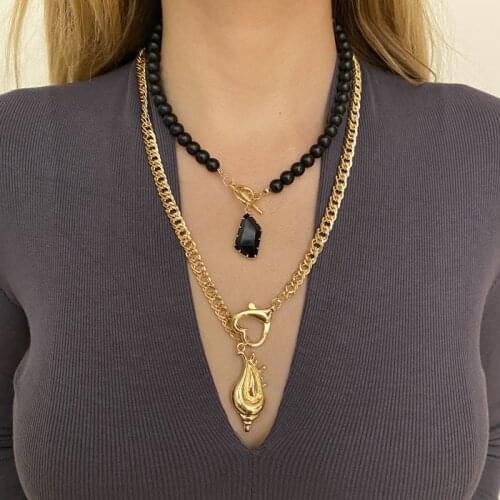 New Retro Black Semi-Precious Multi-layer Necklace For Women Fashion Exaggerated Love Alloy Pendant Chain Jewelry Wholesale