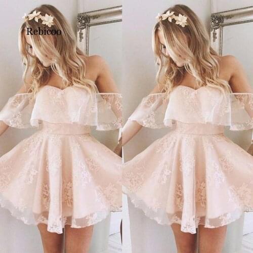 New Fashion Women Lace Chiffon Off Shoulder Ruffles Short Dress Prom Party Bridesmaid Wedding Sweet Strapless Mini Dresses