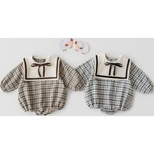 Autumn 0-3Y Baby Baby Climbing Clothes Romper Spring Baby Girl Romper New Plaid Long-sleeved Leotard Navy Wind Twins Clothing