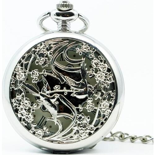 Luxury Silver Steel Lover Birds Pendant White Dial Hand Wind Mechanical Pocket Watch With Chain Watch PJX1247