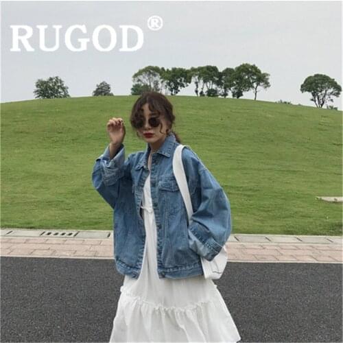 RUGOD Women solid blue basic denim jackets vintage turn down collar slim plus size jean coat new autumn fashionable female top